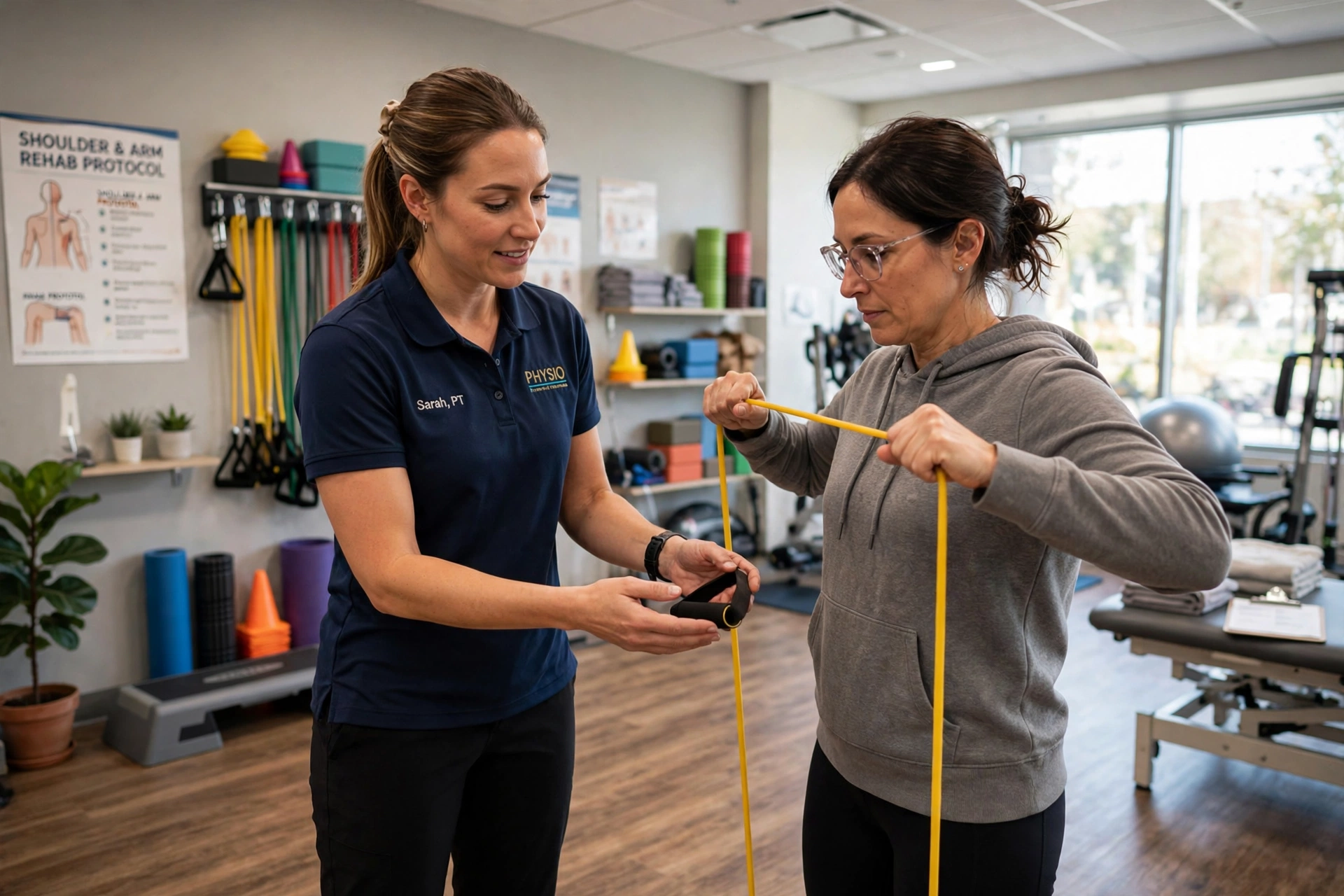 Guided therapeutic exercise session with resistance bands
